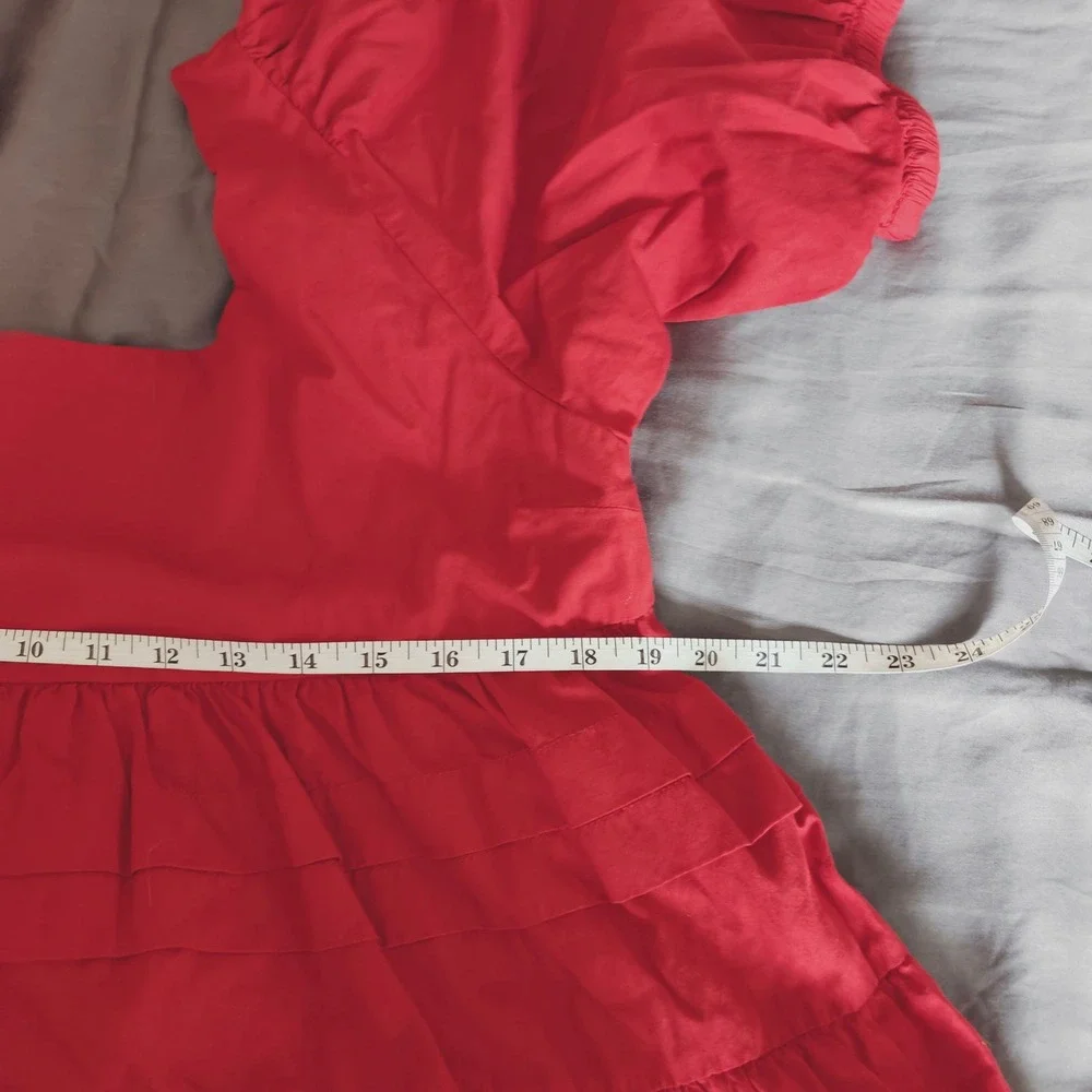 Red Cotton Puff Sleeve Babydoll Pintuck Tiered Mini Dress made by E.L.F. XL - Picture 5 of 11